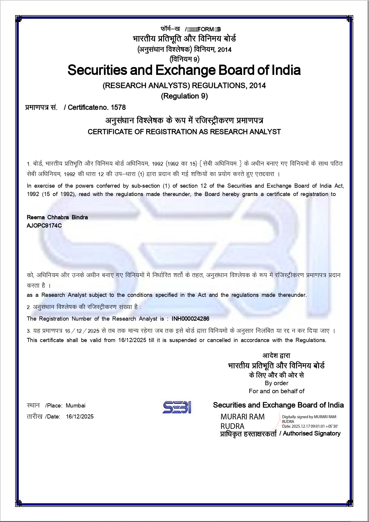 SEBI Registration Certificate — Reema Chhabra Bindra
